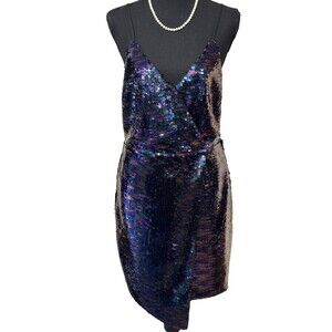 Adelyn Rae Dark Blue Sequin Cocktail Dress True Wrap V-Neck Lined Size Small